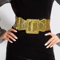 Cinturón elástico ancho de lentejuelas doradas con hebilla cuadrada sobre vestido negro - Dorado