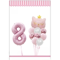 Pink cat-themed number 8 balloon set with crown and confetti balloons for birthdays - Number 8
