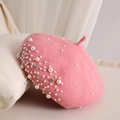 Detail of pink wool beret featuring elegant pearls and sparkling rhinestones close-up - Adjustable (55-58cm) / Deep Pink
