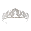 Silver alloy leaf bridal crown featuring sparkling rhinestones and white pearls - Style HG1427 B - Silver Base White Rhinestone & Creamy Pearl