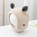 Detail of beige knit baby winter hat with grey animal ears and brown dog embroidery - Infant and Toddler Universal Size / Embroidered Dog Earflap Hat / Beige