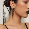 Elegant black rhinestone fringe drop earrings with multi-layered geometric tassel design - Black Multi-tier Tassel Drop Earrings