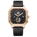 Men's chronograph watch with rose gold square case and black leather strap - 628 Gold Case Black Dial Leather Strap (Functional Chronograph)