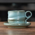 Japanese style vintage ceramic coffee cup and saucer set in teal with brown glazed edges - 201-d Large-bellied Cup + Saucer 250ml / Universal