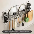Wall-mounted 60cm kitchen storage rod with 12 hooks and suction cup installation - Single Bar 60cm/12 Hooks/Gun Grey