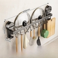 Wall-mounted 60cm kitchen storage rod with 12 hooks and suction cup installation - Single Bar 60cm/12 Hooks/Gun Grey