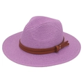 Close-up of purple woven straw panama hat with brown faux leather band and silver studs - Taro Purple