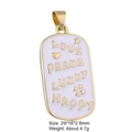 Macro shot of gold rectangle pendant with LOVE PEACE LUCKY engraving and enamel details - Style 6
