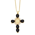 Detailed view of golden cross pendant with black gemstones and Virgin Mary relief - Black