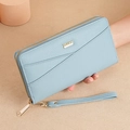 Light blue faux leather wallet with lychee texture and gold zipper wrist strap - Blue