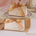 Champagne triangular wedding favors box with wooden ring handle and bow, set of two sizes - New Beige Box + Champagne Gold Ribbon / Small Size (do Not Use Wooden Rings)