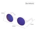 White round pet sunglasses with blue reflective lenses and detailed dimension labels - White Frame Blue Reflective