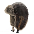 Gorro de aviador vintage en cuero PU marrón con piel sintética gris y correa - XL (58-60cm) / café
