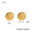 Macro detail of round gold stainless steel evil eye stud earrings with size measurements - Gold Round Stud Earrings (F755)