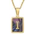 Gold stainless steel rectangle pendant necklace with shell letter I and O-chain - Colorful Shell I