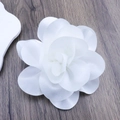 Elegant 14cm white satin camellia brooch pin and hair clip on textured wood background - White