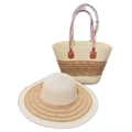 Beige straw hat and tote bag set with brown trim and faux leather handles - Braid Beige Khaki