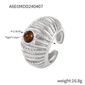 Silver wide band ring with a round Tiger's-eye stone and 1.9cm geometric texture design - US 7 / Steel Color Tiger's Eye Ring