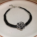 French style choker featuring black beaded chain and sparkling crystal camellia pendant - Camellia Necklace-Black