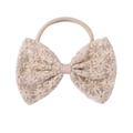 Close-up of beige lace bow headband with delicate daisy embroidery and soft nylon band - Light Camel Lace Style (3)