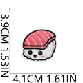 Detailed embroidery texture and dimensions of a cute cartoon salmon sushi iron-on patch - Pink Sushi Roll