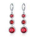 Silver drop earrings with three tiered red gemstones surrounded by zircon crystals - Earrings / Red