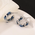 Denim fabric twisted silver chain C-shaped hoop earrings on white ceramic plate - Silver Blue (N-1108)