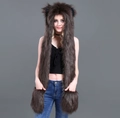 Deep brown faux fur hooded scarf with animal ears and integrated mittens for winter warm - Brown Bear