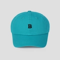 Detail of high-density teal cotton cap with fine black embroidered B letter on front - M (56-58cm) / Blue