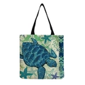 Minimalist canvas tote bag featuring a blue sea turtle print and black strap handles - Realistic Deep Blue Sea Turtle and Starfish Pattern (hm4549b)