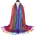 Close-up of a labels on a gradient rainbow jacquard scarf with tassels - Floral Purple