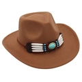 Detail of a brown wool felt cowboy hat featuring an ethnic turquoise beaded band - One Size / Khaki