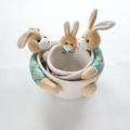 Three-piece nesting white woven cotton baskets with cute brown plush bunnies and bows - White Basket Rabbit