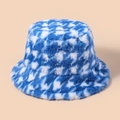Blue and white houndstooth plush bucket hat in soft faux fur for winter warmth - M (56-58cm) / Blue
