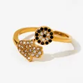 Anello aperto Mano di Fatima in oro con cristalli bianchi e neri scintillanti - Stile Mano di Fatima Zircone Nero (KBJ382) / Oro