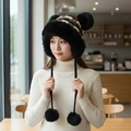 Winter faux fur earmuff hat in black with geometric knit patterns and four pom-poms - Pocket Multi-Pom Style / Black