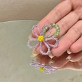Détail d'une bague fleur en perles cristal violettes avec un cœur jaune central - Bague Fleur / Vert-Rose