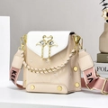 Beige and white crossbody phone bag with quilted heart pattern and pearl chain strap - Off White