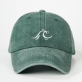 Close-up of vintage washed green baseball cap with white wave embroidery detail - Adjustable / Dark Green