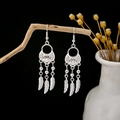 Bohemian silver earrings featuring intricate hollow patterns and feather tassels - Hollow Feather Tassel Pendant Style (E5118)