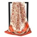 Elegant ivory satin silk square scarf with vintage floral patterns and orange borders - Splendid Flowers Orange (SD90-20-4)