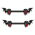 Detail of gothic barbell rings with black skulls, bat wings, and heart-shaped red gems - NP24082206-Bat Skull Nipple Ring / Black/Red Zirconia