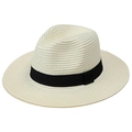 Classic cream woven Panama fedora with black ribbon for summer sun protection - M / Off White