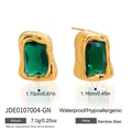 Retro gold-plated stainless steel earrings with large rectangular emerald green stones - Emerald Gemstone Style (JDE0107004-GN)