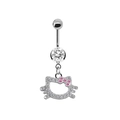 Macro view of silver navel ring with crystal stud and Hello Kitty shaped pave pendant - Style 15-Cartoon Cat Head Rhinestone