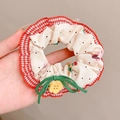 Cream-colored fabric scrunchie with cherry patterns, lace trim, and a yellow flower button - 1# Cherry Jam (Beige/Red)