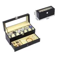 Two-tier black faux leather watch and jewelry box with clear window and white stitching - 6-Slot Watch & Jewelry Box