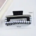 Elegant black rectangle hair claw clip with pearls and rhinestones 10.5cm large size - 6# Black Square Pearl Rhinestone Hair Claw
