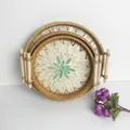 Handwoven round rattan tray set with white shell inlay and green floral motif - Green Leaf / Three-Piece Set