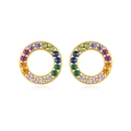 Fashionable S925 silver needle gold hoop earrings with vibrant rainbow cubic zirconia stones - Gold Colorful Rainbow Circle